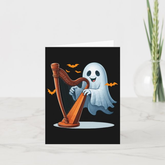 Boo Ghost Playing Harp Halloween Musical Instrumen Card (Front)