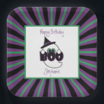 Boo Ghost Purple, Black, and Green Birthday Paper Plates<br><div class="desc">This friendly, little ghost is a sweet addition to a Halloween-themed birthday or other Halloween celebration. All dressed up in a black witch's hat with a purple band and green buckle, this cute ghost peeks above a big purple and black sign saying, "Boo." This plate can easily be customized with...</div>