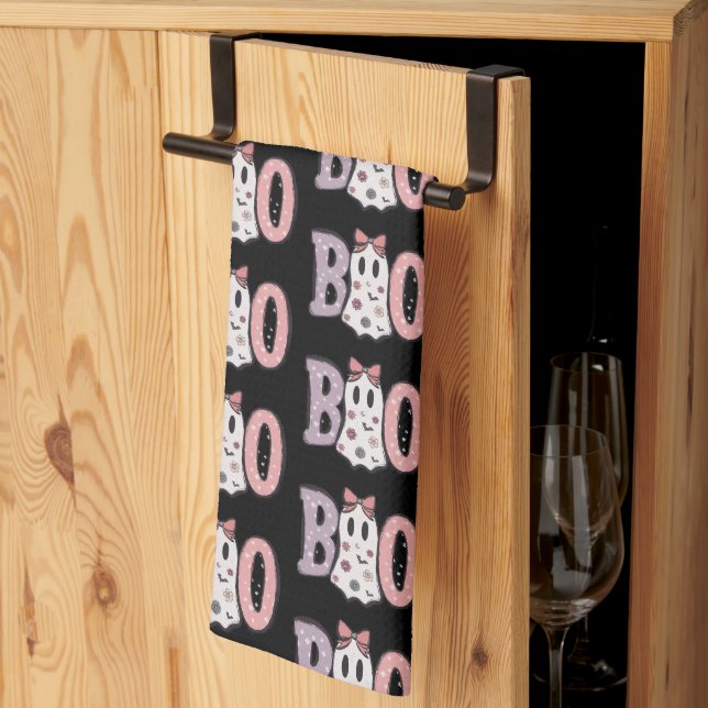 Boo Ghost Purple Pink Cute Black Halloween Kitchen Towel (Thirds Fold)