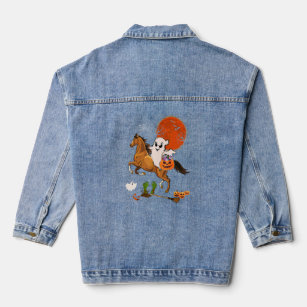 Boo Ghost Riding Horse With Candy Basket Scary Pum Denim Jacket
