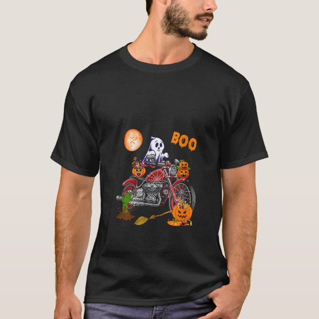 Boo Ghost Riding Motorcycle Horror Candy Bag Carve T-Shirt (Front)
