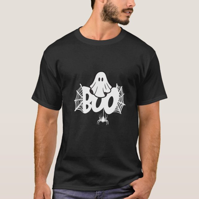 "Boo" Ghost, Spider & Spiderwebs Halloween  T-Shirt (Front)