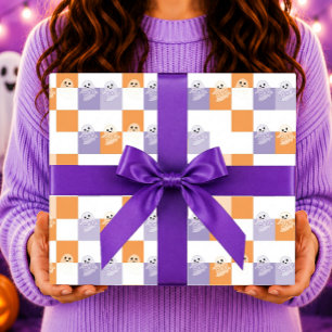 Boo Ghosts Purple Orange Checkered Wrapping Paper