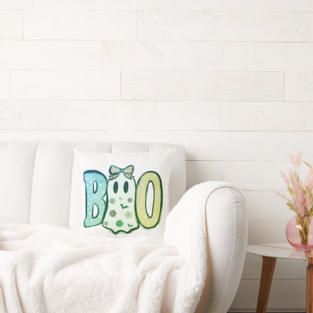 Boo Green Shades and Ghost White Halloween Throw Pillow (Couch)