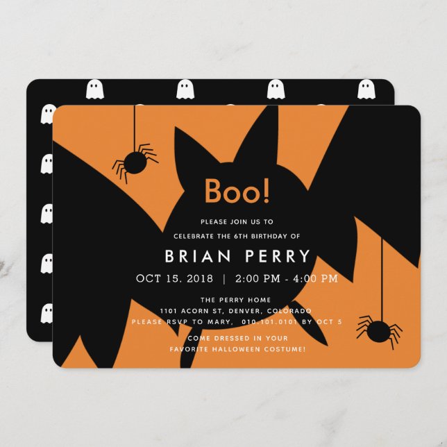 Boo! Halloween Bat & Spiders Birthday Invitation (Front/Back)