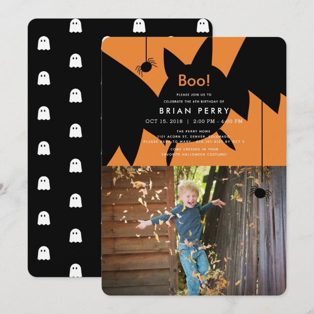 Boo! Halloween Bat & Spiders Photo Birthday Invitation (Front/Back)
