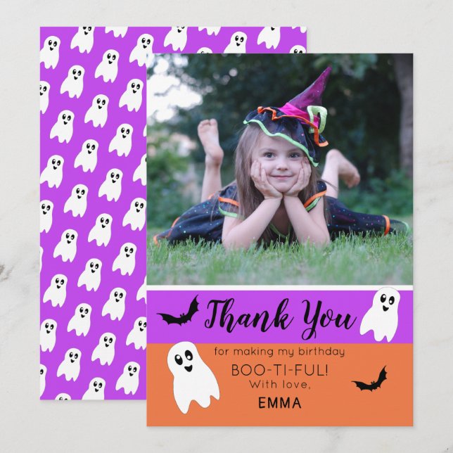 Boo Halloween Birthday Ghost Photo Thank You Card (Front/Back)