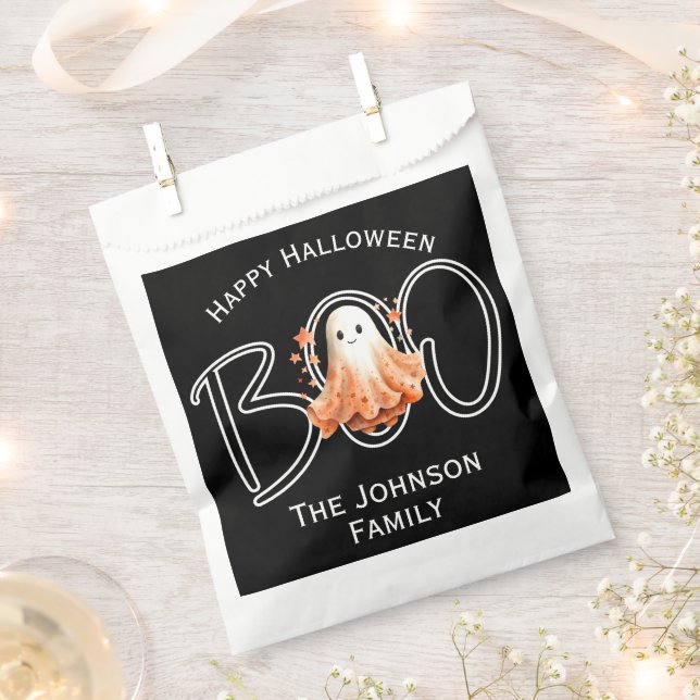 Boo Halloween Black Modern Name Favor Bag (Clipped)