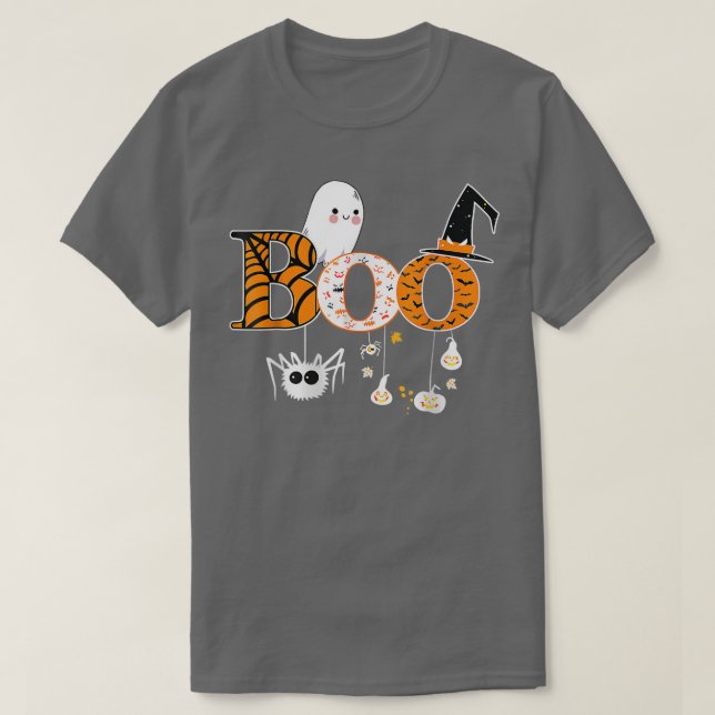 Boo Halloween Costume Spiders, Ghosts, Pumkin & Wi T-Shirt (Design Front)