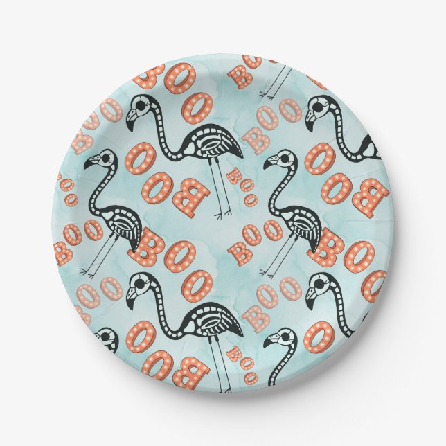 Boo Halloween | Flamingo Skeleton Paper Plates (Front)