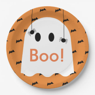 Boo! Halloween Ghost & Bats Orange Paper Plate