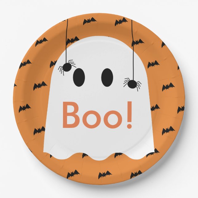 Boo! Halloween Ghost & Bats Orange Paper Plate (Front)