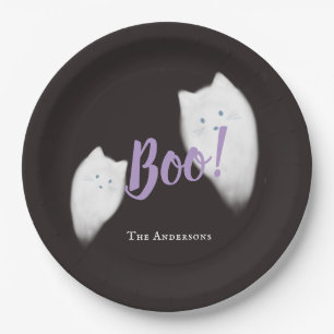 Boo! Halloween Ghost Cat Cute Black Paper Plates