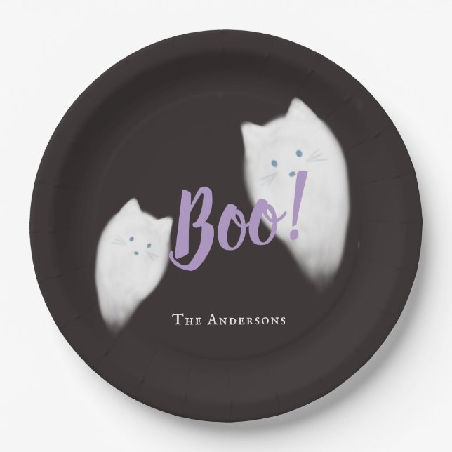 Boo! Halloween Ghost Cat Cute Black Paper Plates (Front)