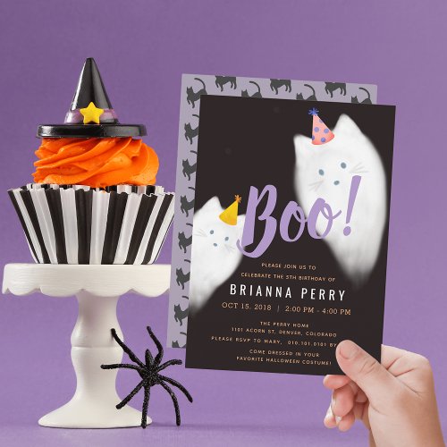 Boo Halloween Ghost Cat Cute Purple Birthday Invitation