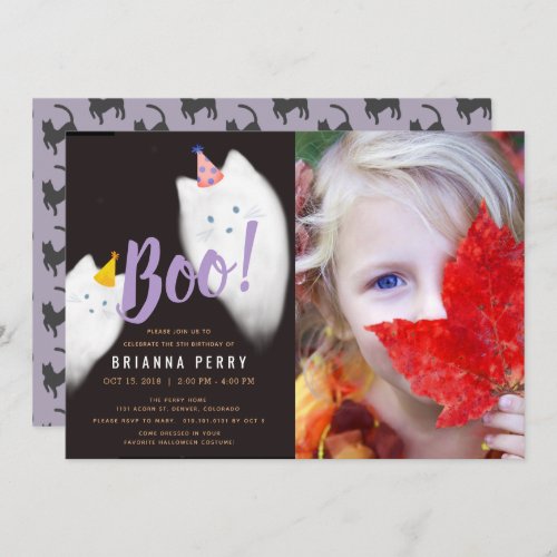 Boo Halloween Ghost Cat Purple Photo Birthday Invitation