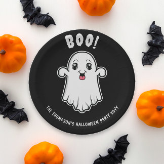 Boo Halloween Ghost Custom Text Black And White Paper Plates