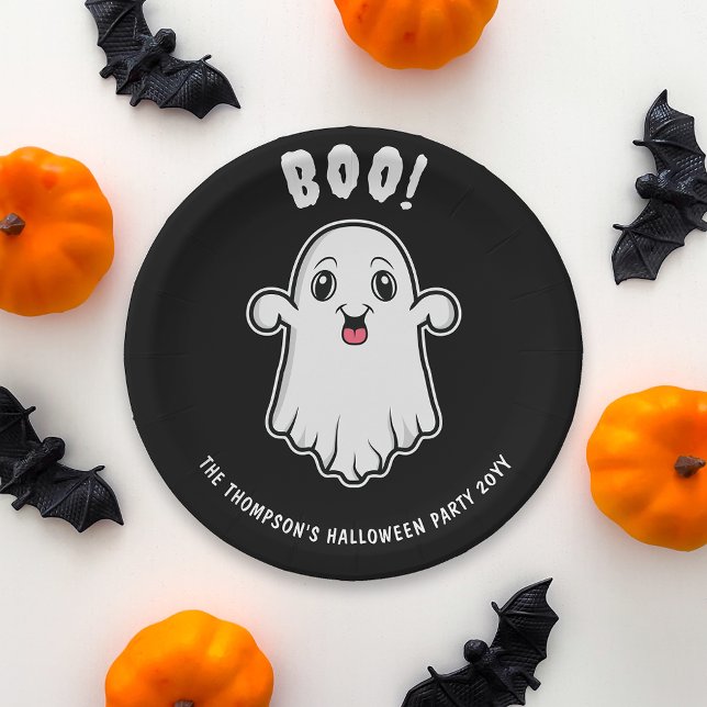 Boo Halloween Ghost Custom Text Black And White Paper Plates (Spooky ghost design for a Halloween party. Personalize with your custom text!)