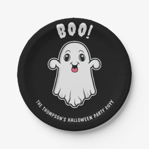 Boo Halloween Ghost Custom Text Black And White Paper Plates