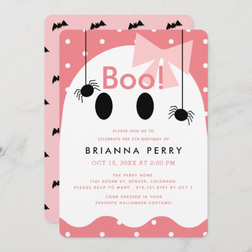 Boo Halloween Ghost Girl Pink Birthday Invitation