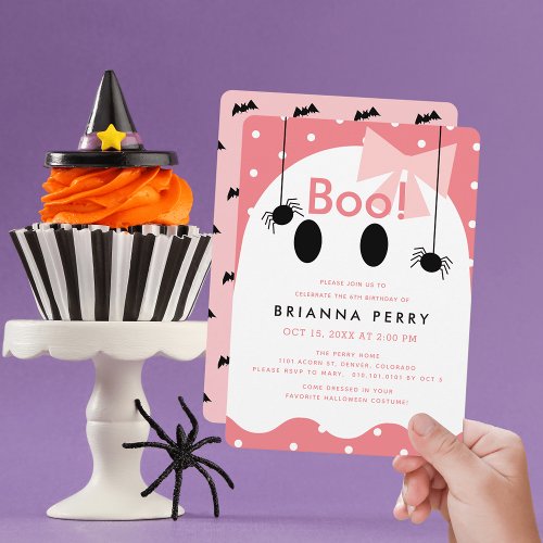 Boo Halloween Ghost Girl Pink Birthday Invitation