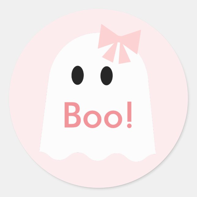 Boo! Halloween Ghost Girl Pink Classic Round Sticker (Front)