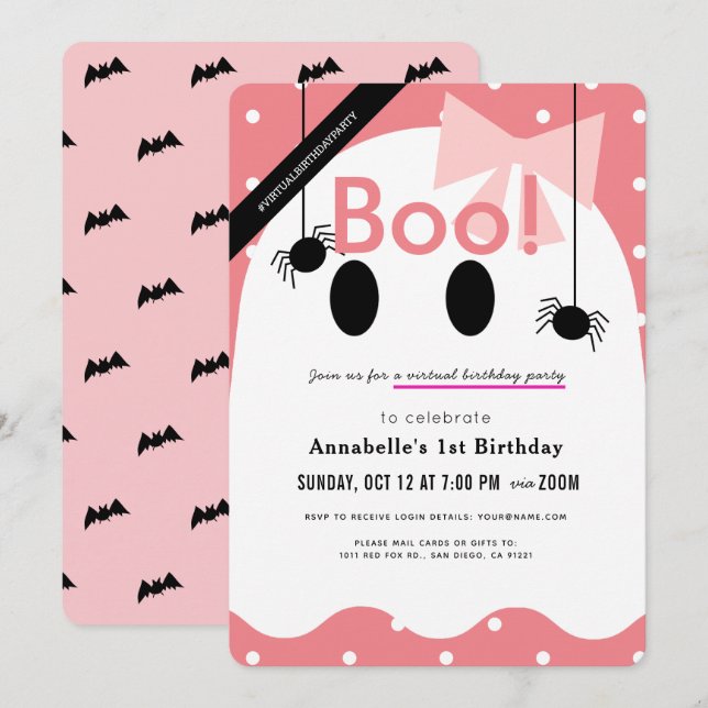 Boo! Halloween Ghost Girl Pink Virtual Birthday Invitation (Front/Back)