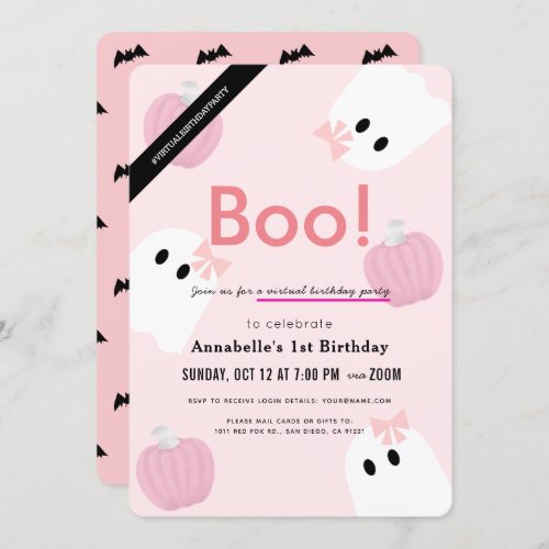 Boo Halloween Ghost Girl Pink Virtual Birthday Invitation
