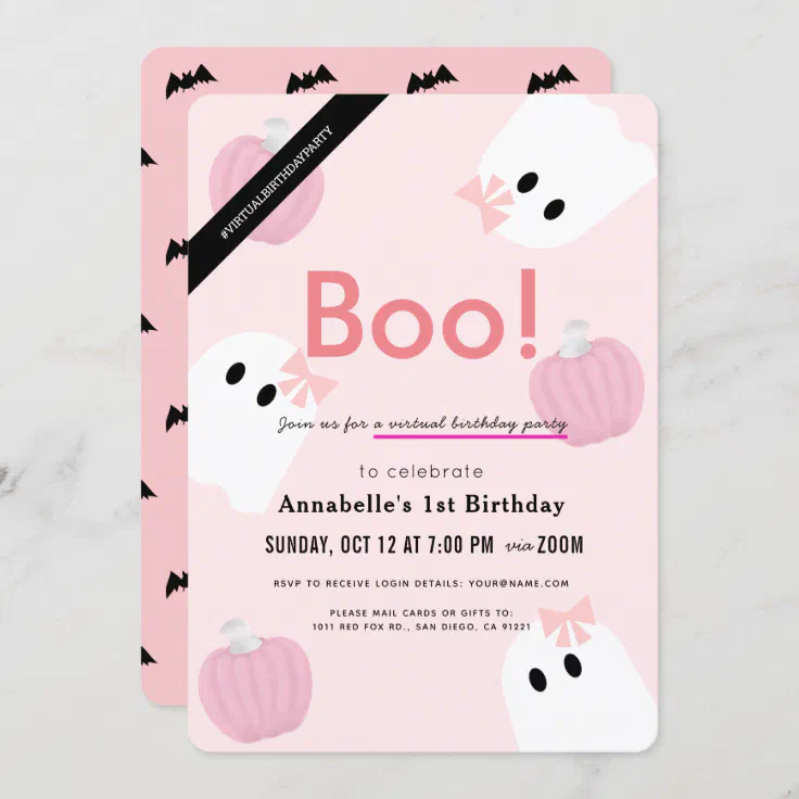 Boo! Halloween Ghost Girl Pink Virtual Birthday Invitation | Zazzle