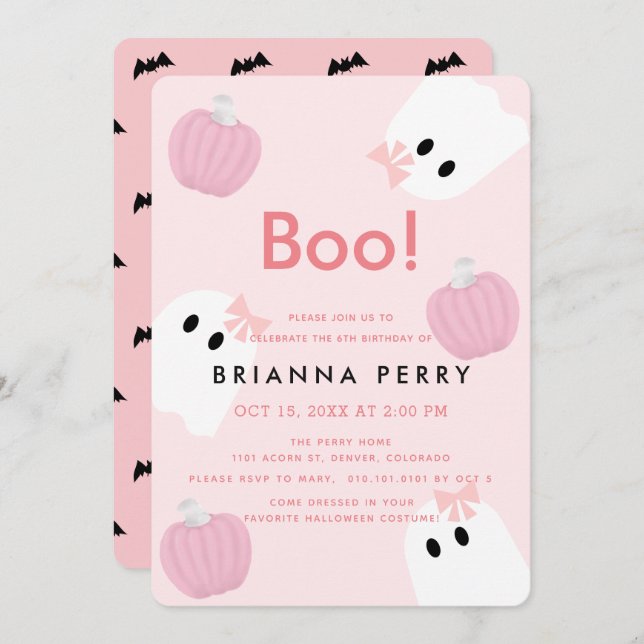 Boo! Halloween Ghost Girl Pumpkin Pink Birthday Invitation (Front/Back)