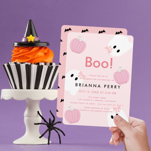 Boo Halloween Ghost Girl Pumpkin Pink Birthday Invitation