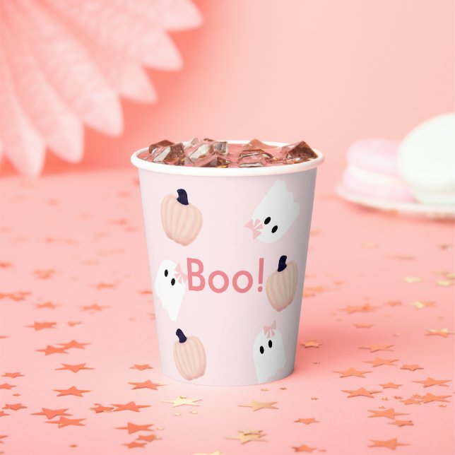 Boo! Halloween Ghost Girl Pumpkin Pink Birthday Pa Paper Cups (Insitu)