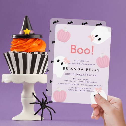 Boo Halloween Ghost Girl Pumpkin Purple Birthday Invitation