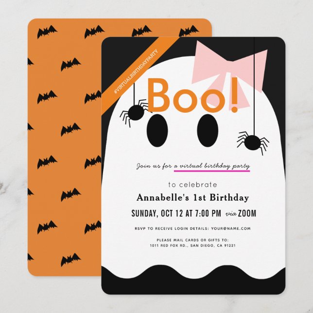 Boo! Halloween Ghost Girl Ribbon Virtual Birthday Invitation (Front/Back)