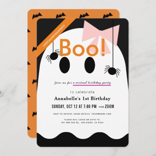 Boo Halloween Ghost Girl Ribbon Virtual Birthday Invitation