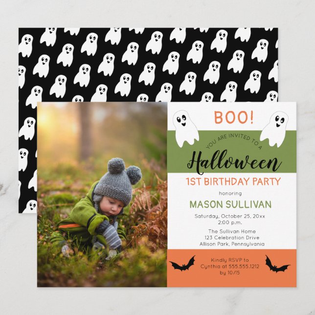 Boo Halloween Ghost Photo 1st Birthday Party Invit Invitation (Front/Back)