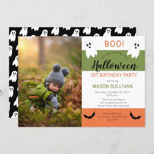 Boo Halloween Ghost Photo 1st Birthday Party Invit Invitation