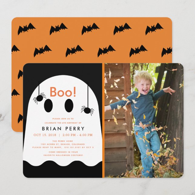 Boo! Halloween Ghost & Spiders Photo Birthday Invitation (Front/Back)
