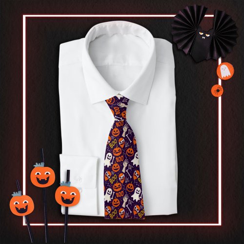 Boo Halloween Ghosts Orange Creepy Pumpkins Neck Tie