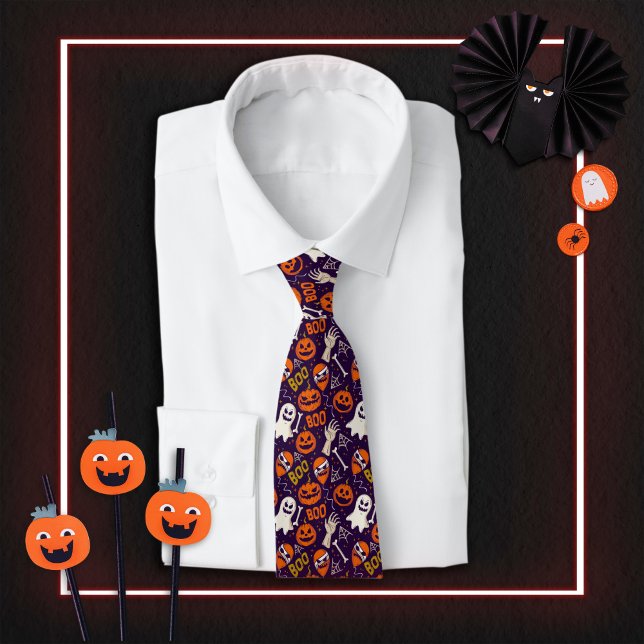 Boo Halloween Ghosts Orange Creepy Pumpkins Neck Tie (Creator Uploaded)
