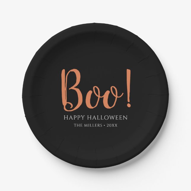 Boo Halloween Modern Black Paper Plates (Front)