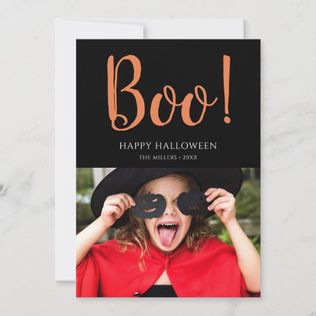 Boo Halloween Modern Black Photo Holiday Card (Front)