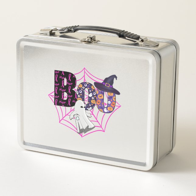 Boo Halloween October Pink Metal Lunch Box (Front)