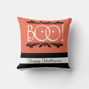 Boo! Halloween Orange & Black White Striped Chic Throw Pillow