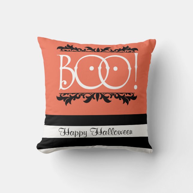 Boo! Halloween Orange & Black White Striped Chic Throw Pillow (Front)