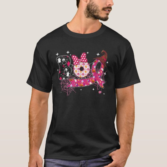 Boo Halloween Pumpkin Pink Ribbon Witch Breast Can T-Shirt (Front)