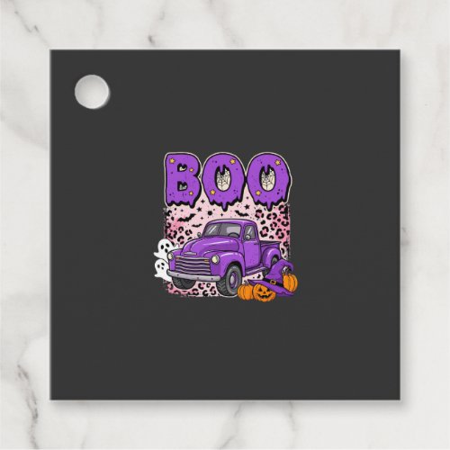 Boo Halloween Purple Truck Ghost and Pumpkins Desi Favor Tags
