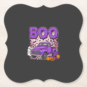 Boo Halloween Purple Truck Ghost and Pumpkins Desi Paper Coaster