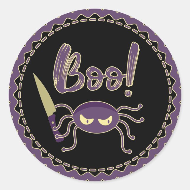 Boo! Halloween spider knife hand  Classic Round Sticker (Front)