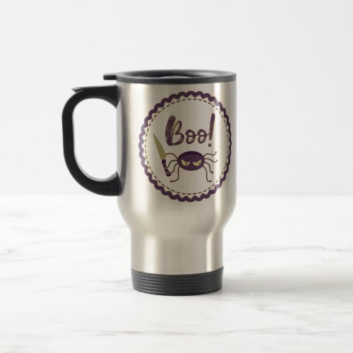 Boo Halloween spider knife hand Travel Mug